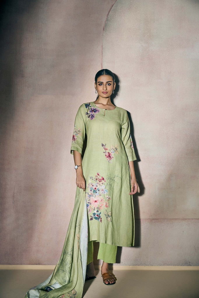 Pistachio Green Linen Kurta Set with Watercolor Floral Print - Mokshaa