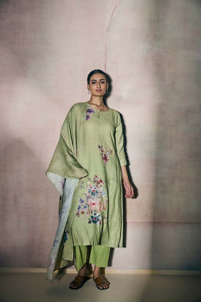Pistachio Green Linen Kurta Set with Watercolor Floral Print - Mokshaa