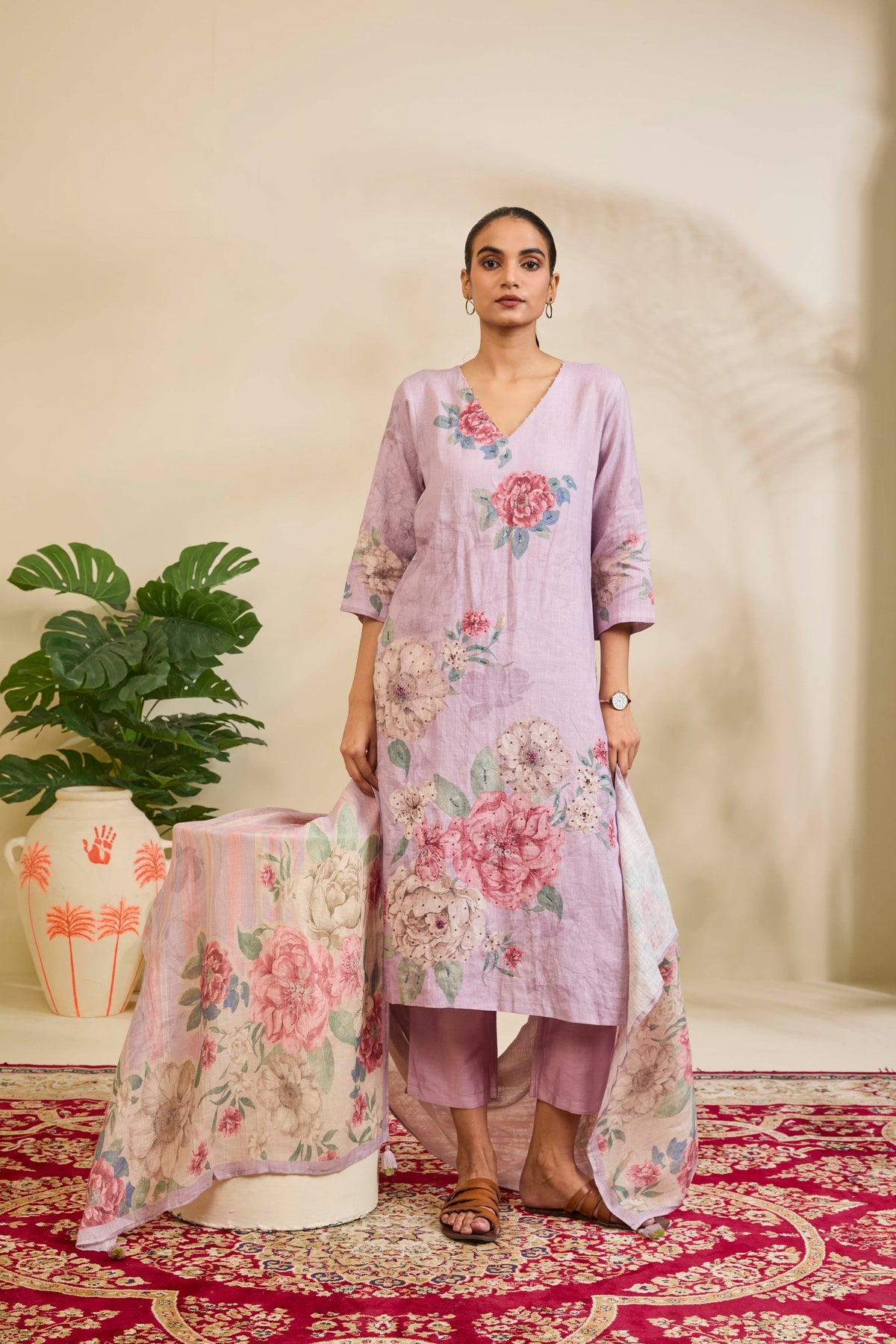 Lilac Linen Kurta Set with Rose Floral Print - Mokshaa