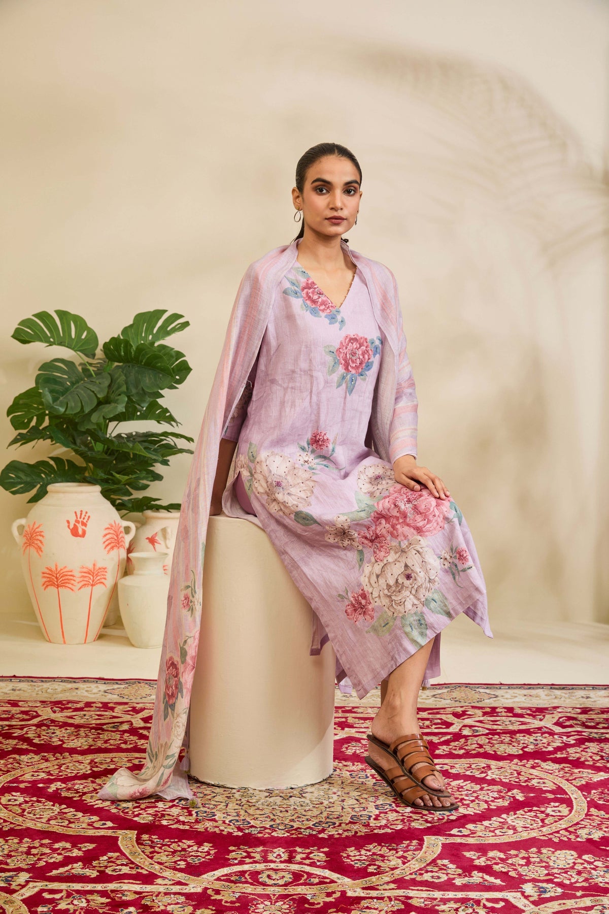 Lilac Linen Kurta Set with Rose Floral Print - Mokshaa