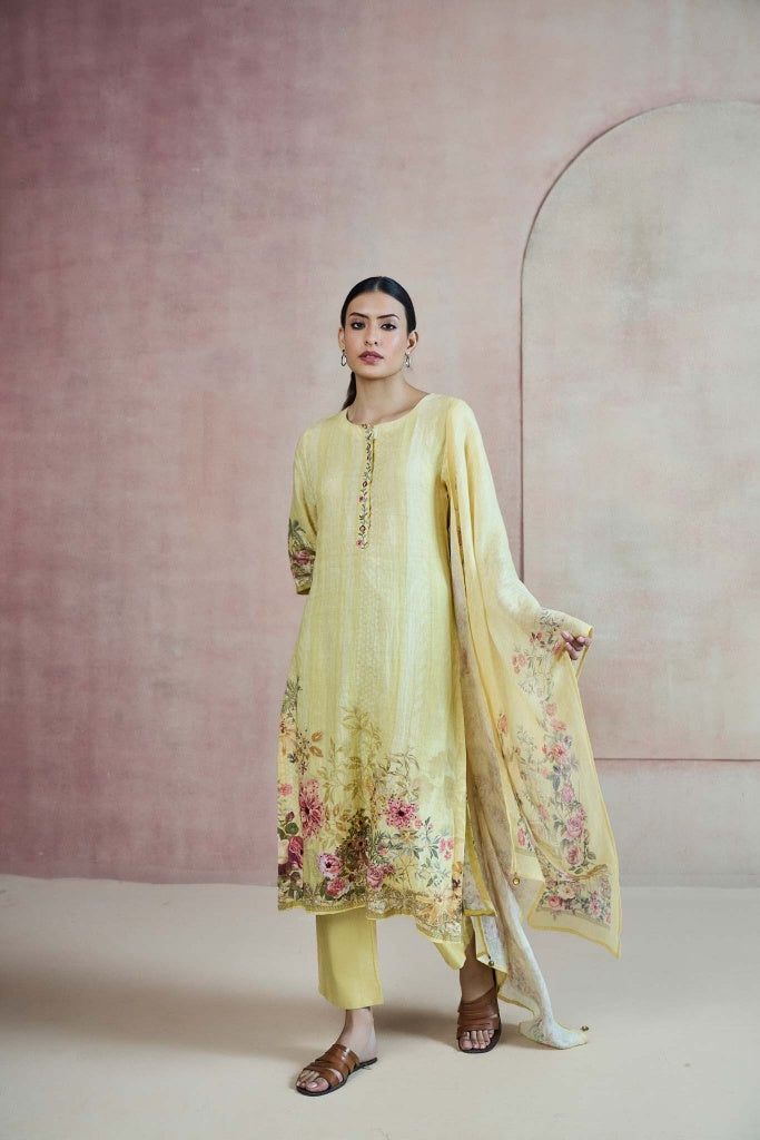 Butter Yellow Linen Kurta Set with Floral Border Print - Mokshaa