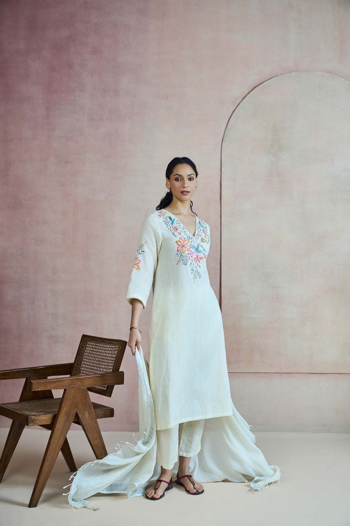 Ivory Linen Kurta Set with Multicolor Floral Thread Embroidery - Mokshaa