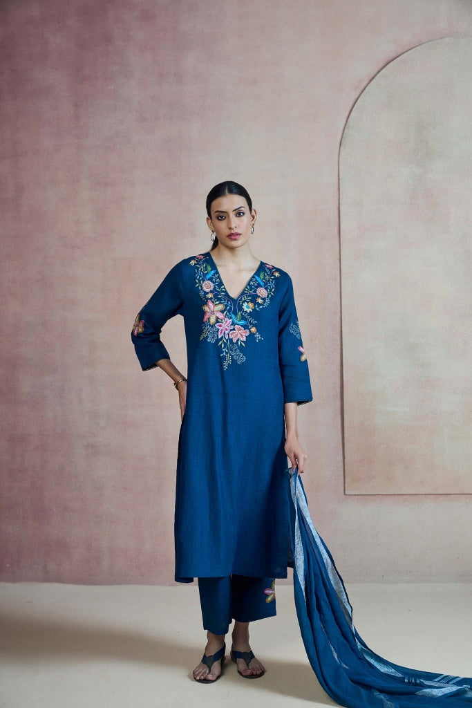 Teal Blue Linen Salwar Set - Mokshaa