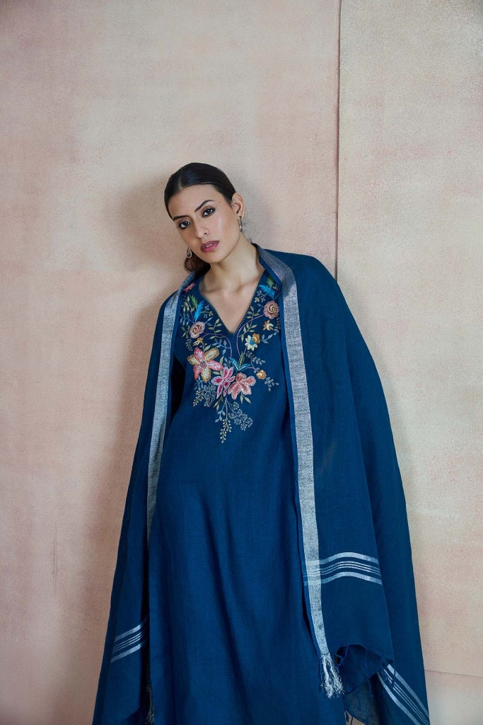 Teal Blue Linen Salwar Set - Mokshaa