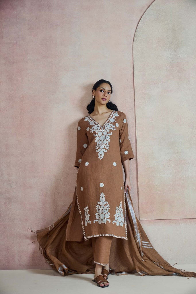 Tobacco Brown Linen Kurta Set with Thread Embroidery and Appliqué - Mokshaa
