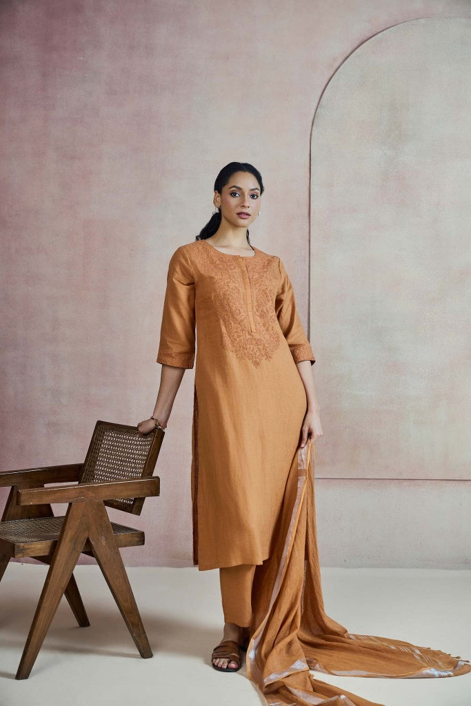 Burnt Ochre Linen Kurta Set with Self Thread Embroidery - Mokshaa