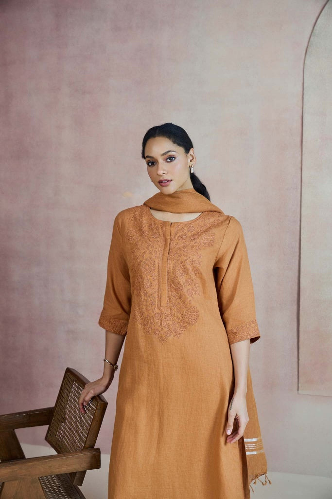 Burnt Ochre Linen Kurta Set with Self Thread Embroidery - Mokshaa