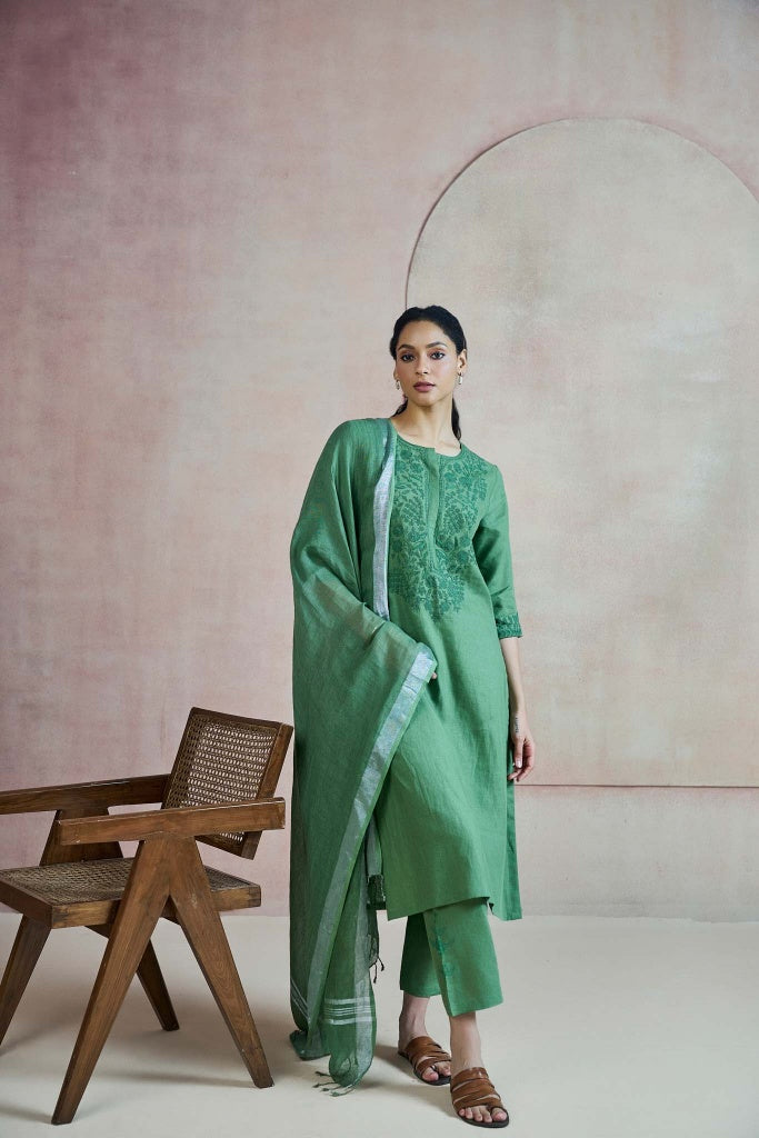 Sage Green Linen Kurta Set with Self Thread Embroidery - Mokshaa