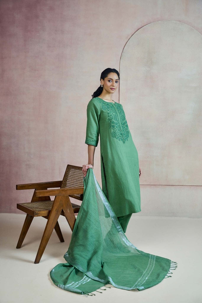 Sage Green Linen Kurta Set with Self Thread Embroidery - Mokshaa
