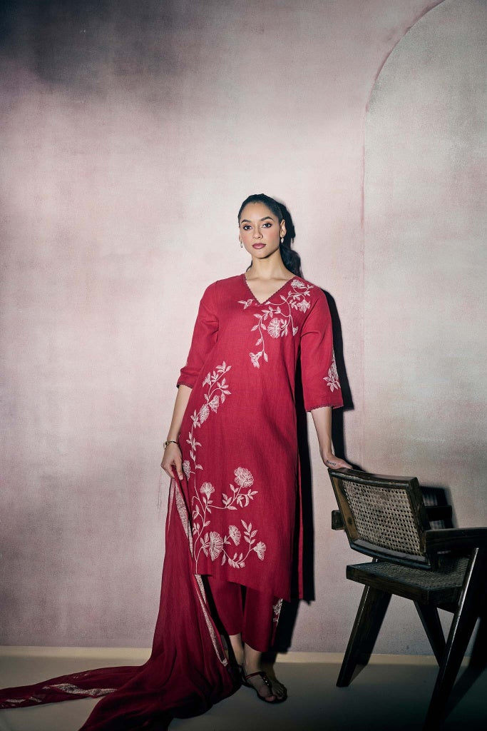 Cherry Red Linen Kurta Set with Ivory Thread Embroidery - Mokshaa