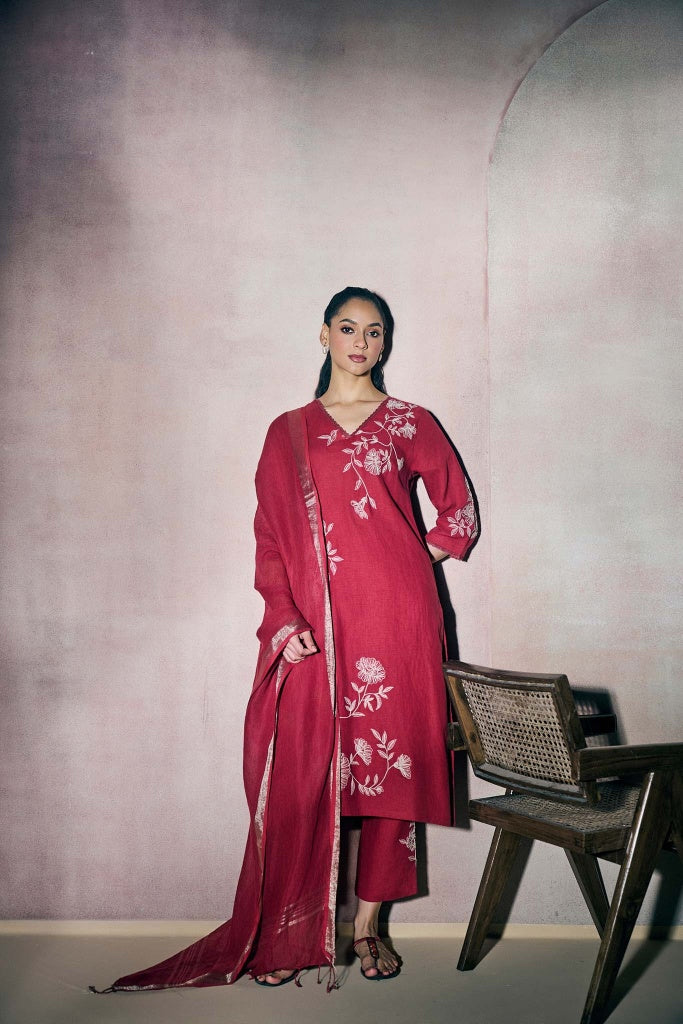 Cherry Red Linen Kurta Set with Ivory Thread Embroidery - Mokshaa