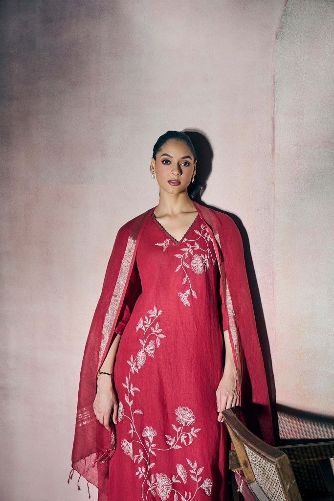 Cherry Red Linen Kurta Set with Ivory Thread Embroidery - Mokshaa