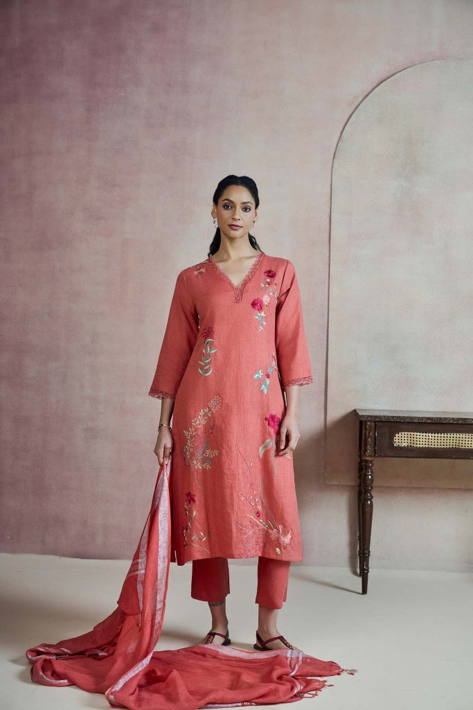 Coral Rust Linen Kurta Set with Multicolour Thread Embroidery - Mokshaa