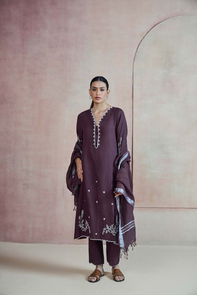Deep Mulberry Linen Kurta Set with Ivory Thread Embroidery - Mokshaa
