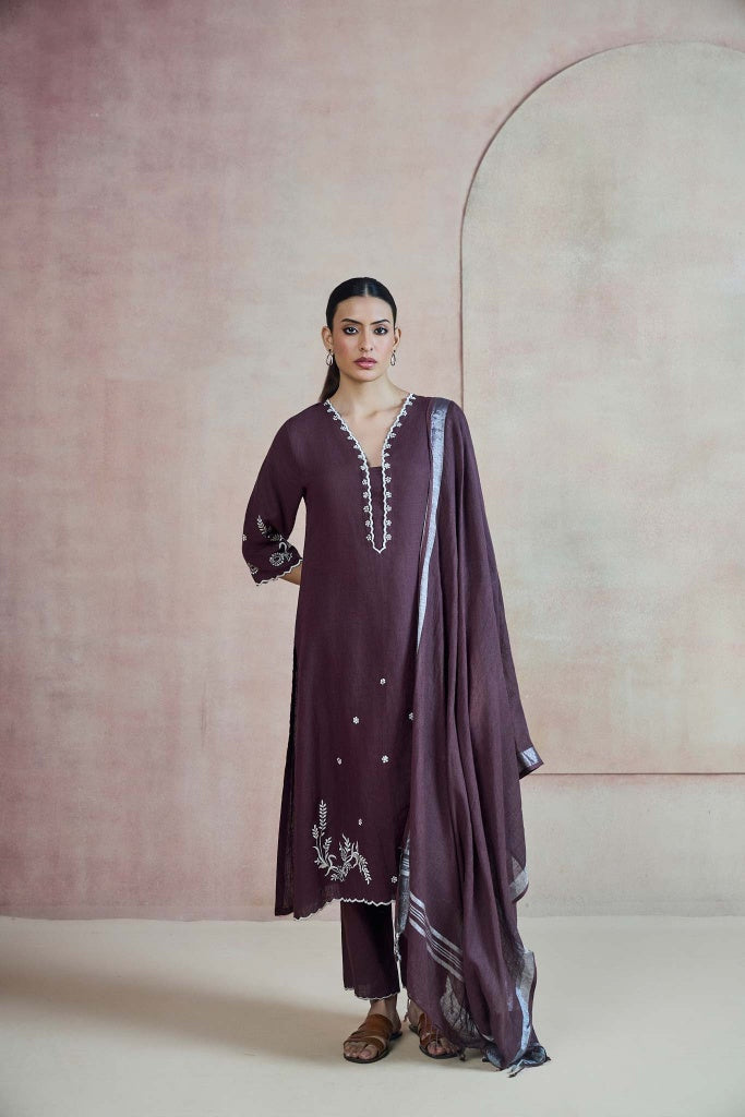Deep Mulberry Linen Kurta Set with Ivory Thread Embroidery - Mokshaa