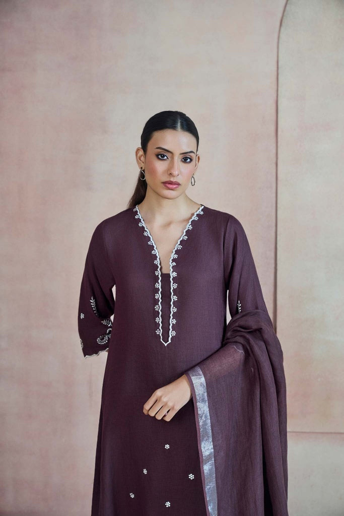 Deep Mulberry Linen Kurta Set with Ivory Thread Embroidery - Mokshaa