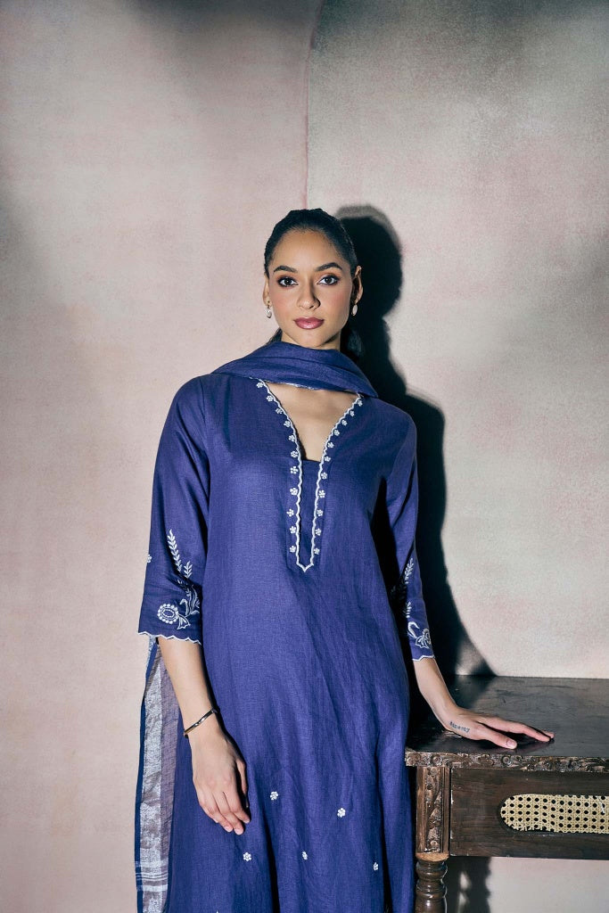 Indigo Blue Linen Kurta Set with Ivory Thread Embroidery - Mokshaa