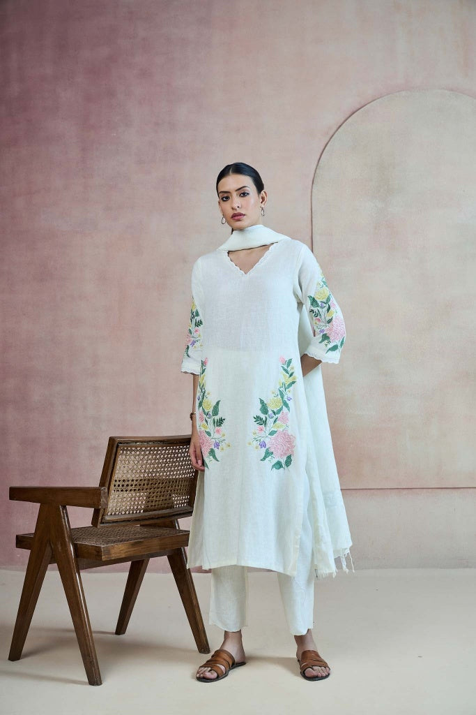 Ivory Linen Kurta Set with Floral Print and Thread Embroidery - Mokshaa