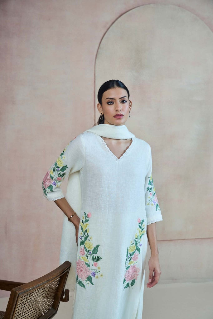 Ivory Linen Kurta Set with Floral Print and Thread Embroidery - Mokshaa