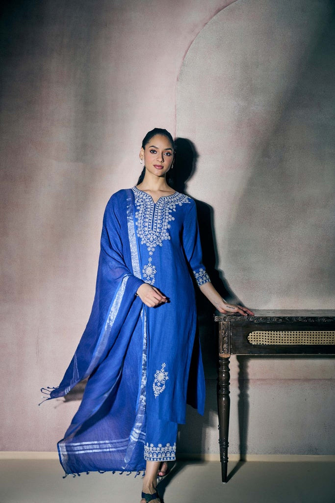 Royal Blue Linen Kurta Set with Ivory Thread Embroidery - Mokshaa