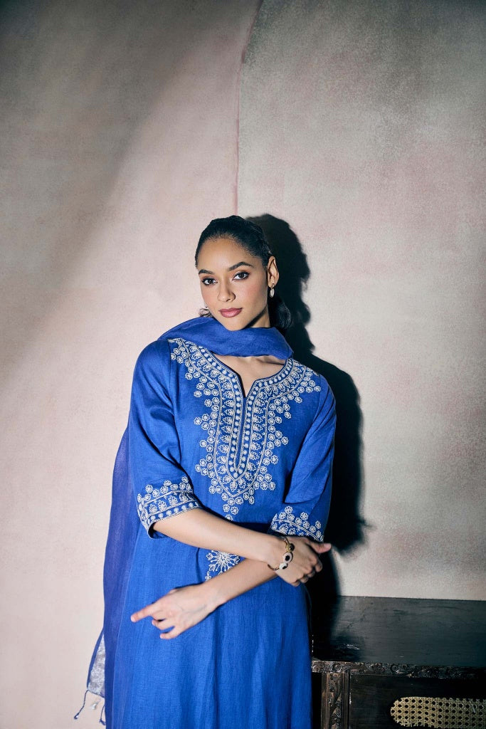Royal Blue Linen Kurta Set with Ivory Thread Embroidery - Mokshaa