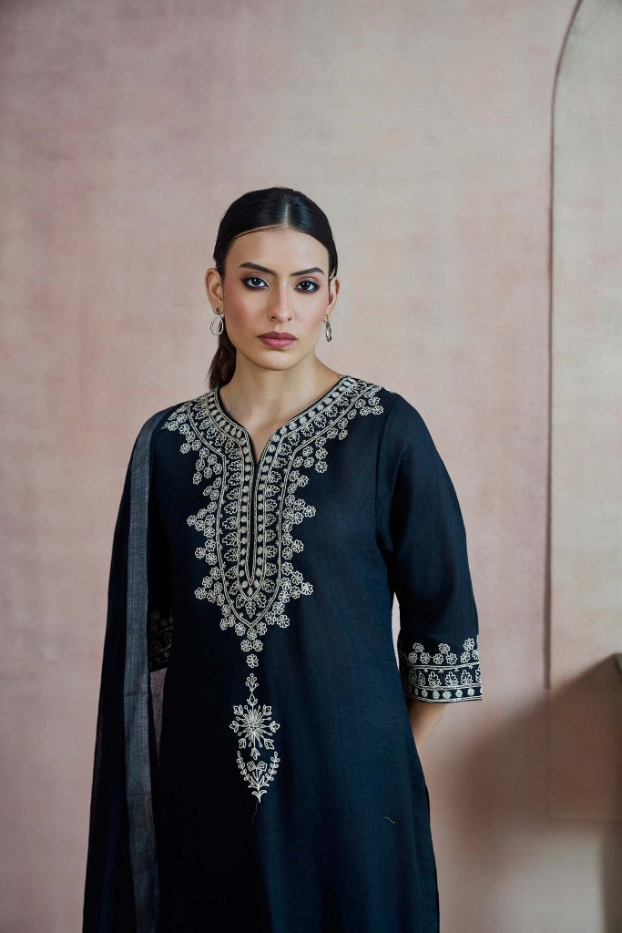 Midnight Navy Linen Kurta Set with Ivory Thread Embroidery - Mokshaa