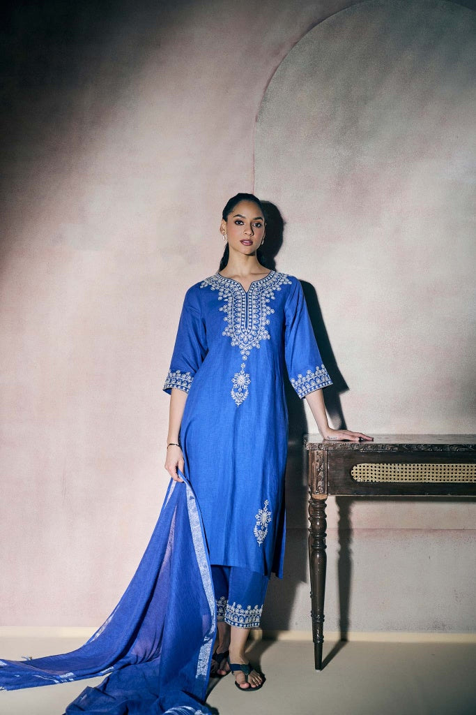 Royal Blue Linen Kurta Set with Ivory Thread Embroidery - Mokshaa