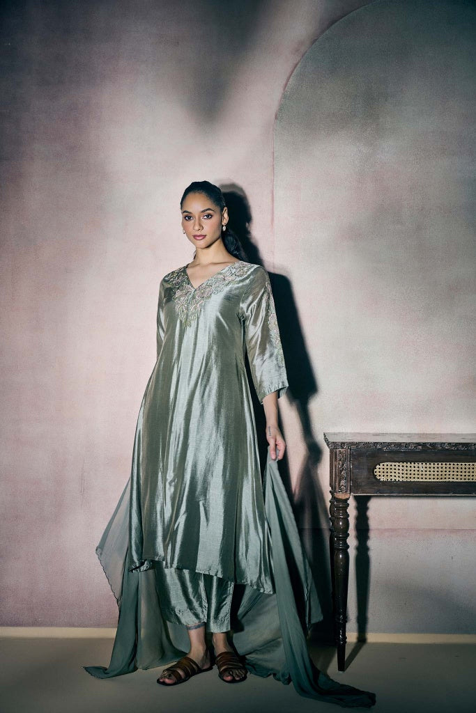 Sage Silver Silk Kurta Set with Floral Embroidery - Mokshaa