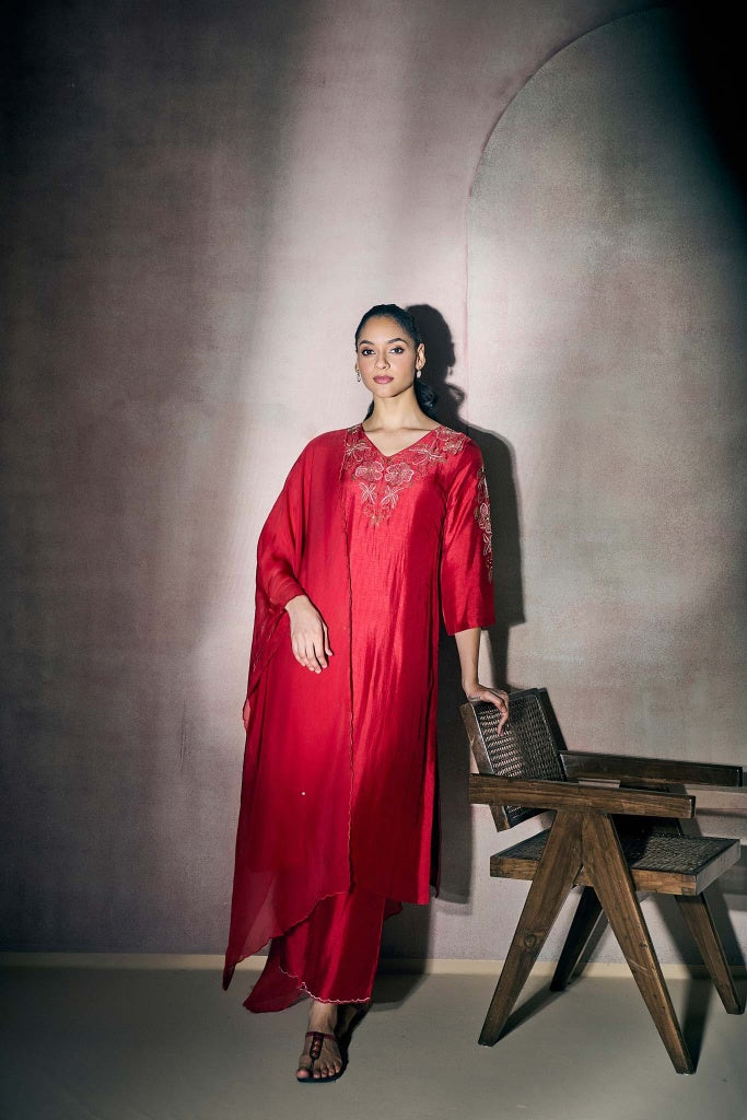 Crimson Red Silk Kurta Set with Floral Embroidery - Mokshaa