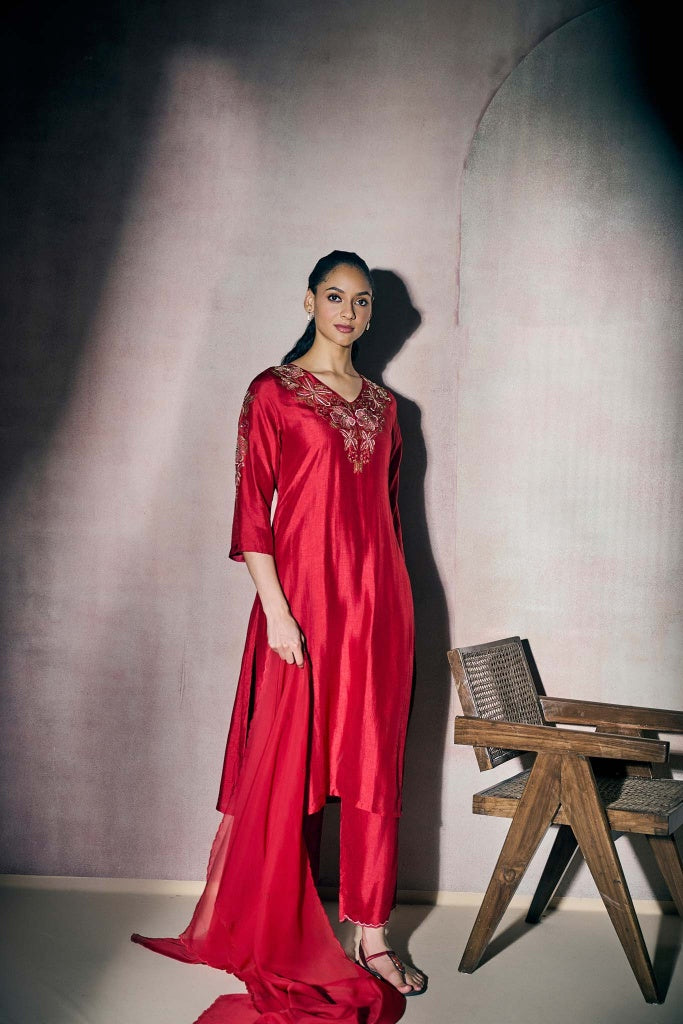 Crimson Red Silk Kurta Set with Floral Embroidery - Mokshaa