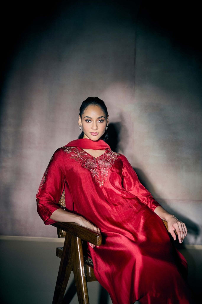Crimson Red Silk Kurta Set with Floral Embroidery - Mokshaa