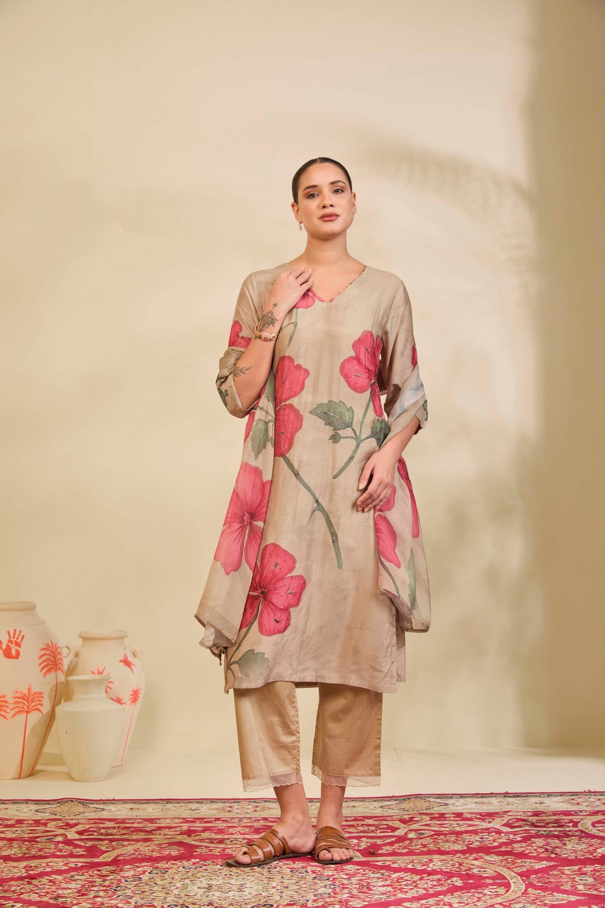 Beige Muslin Kurta Set with Rose Floral Print - Mokshaa