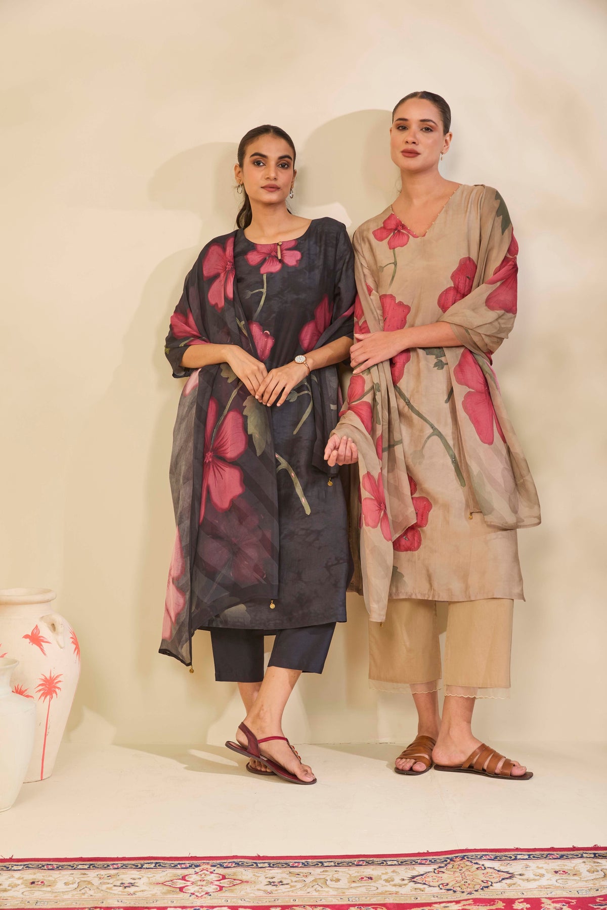 Charcoal Grey Muslin Kurta Set with Rose Floral Print - Mokshaa