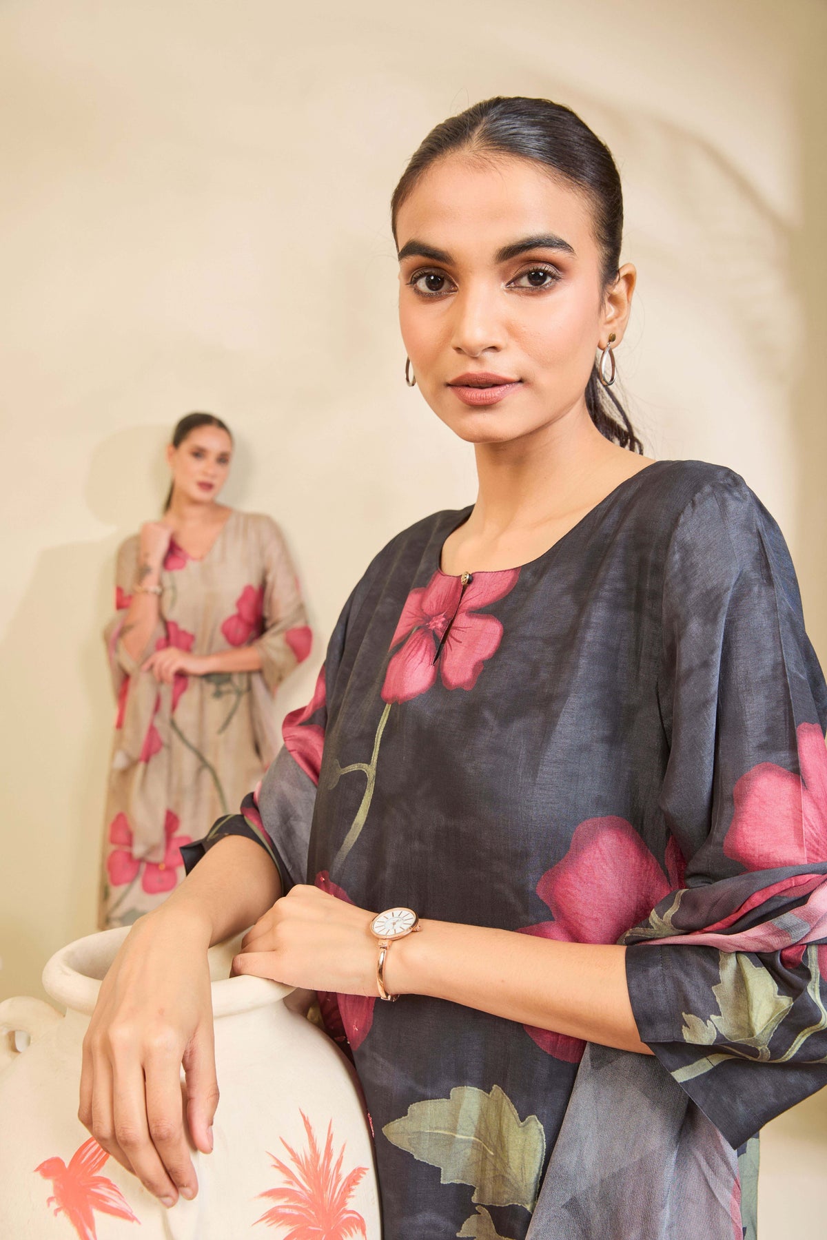 Charcoal Grey Muslin Kurta Set with Rose Floral Print - Mokshaa
