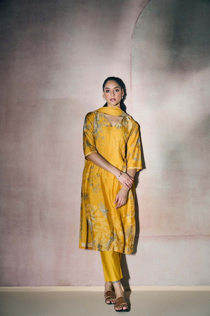 Marigold Yellow Muslin Kurta Set with Silver Floral Print - Mokshaa