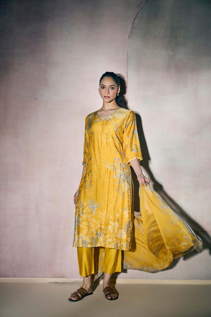 Marigold Yellow Muslin Kurta Set with Silver Floral Print - Mokshaa