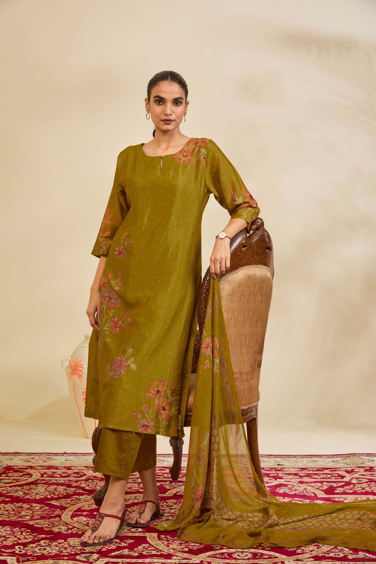 Olive Green Muslin Kurta Set with Floral Print and Embroidery - Mokshaa