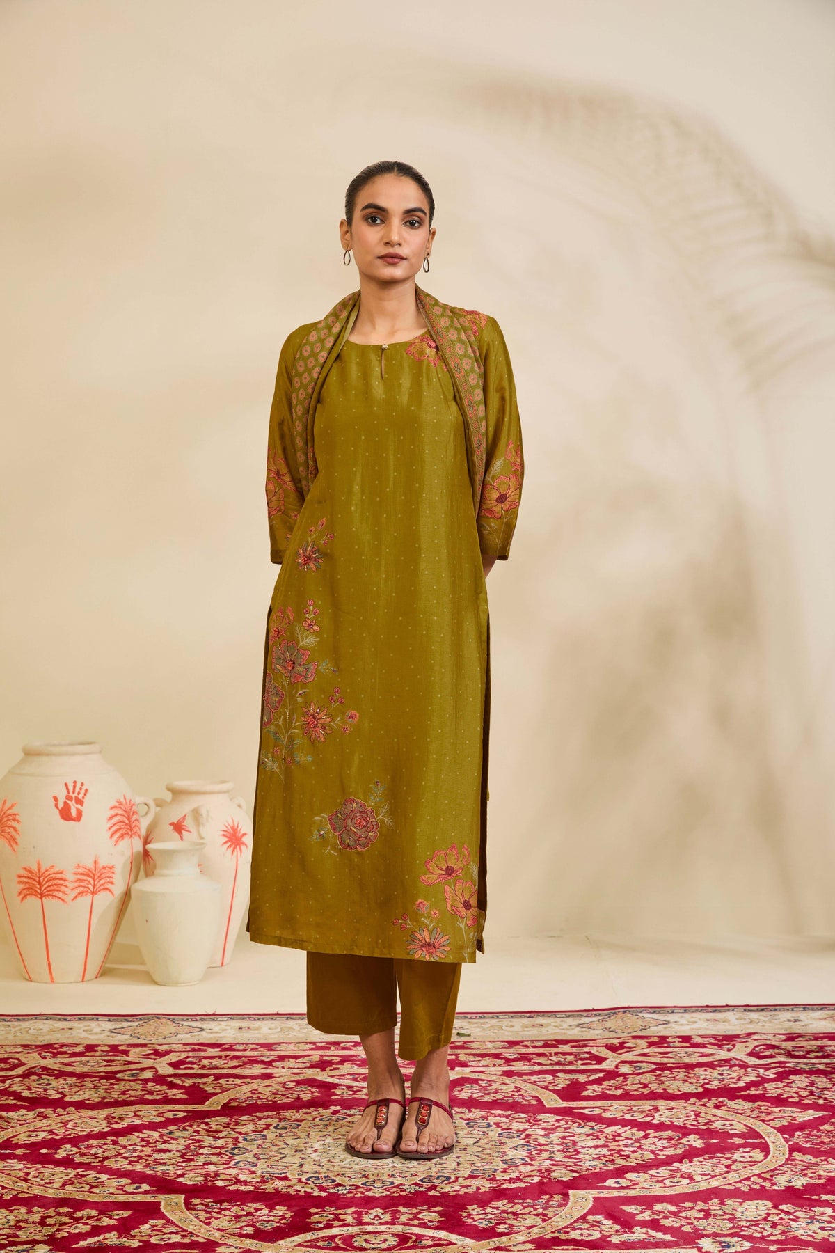Olive Green Muslin Kurta Set with Floral Print and Embroidery - Mokshaa