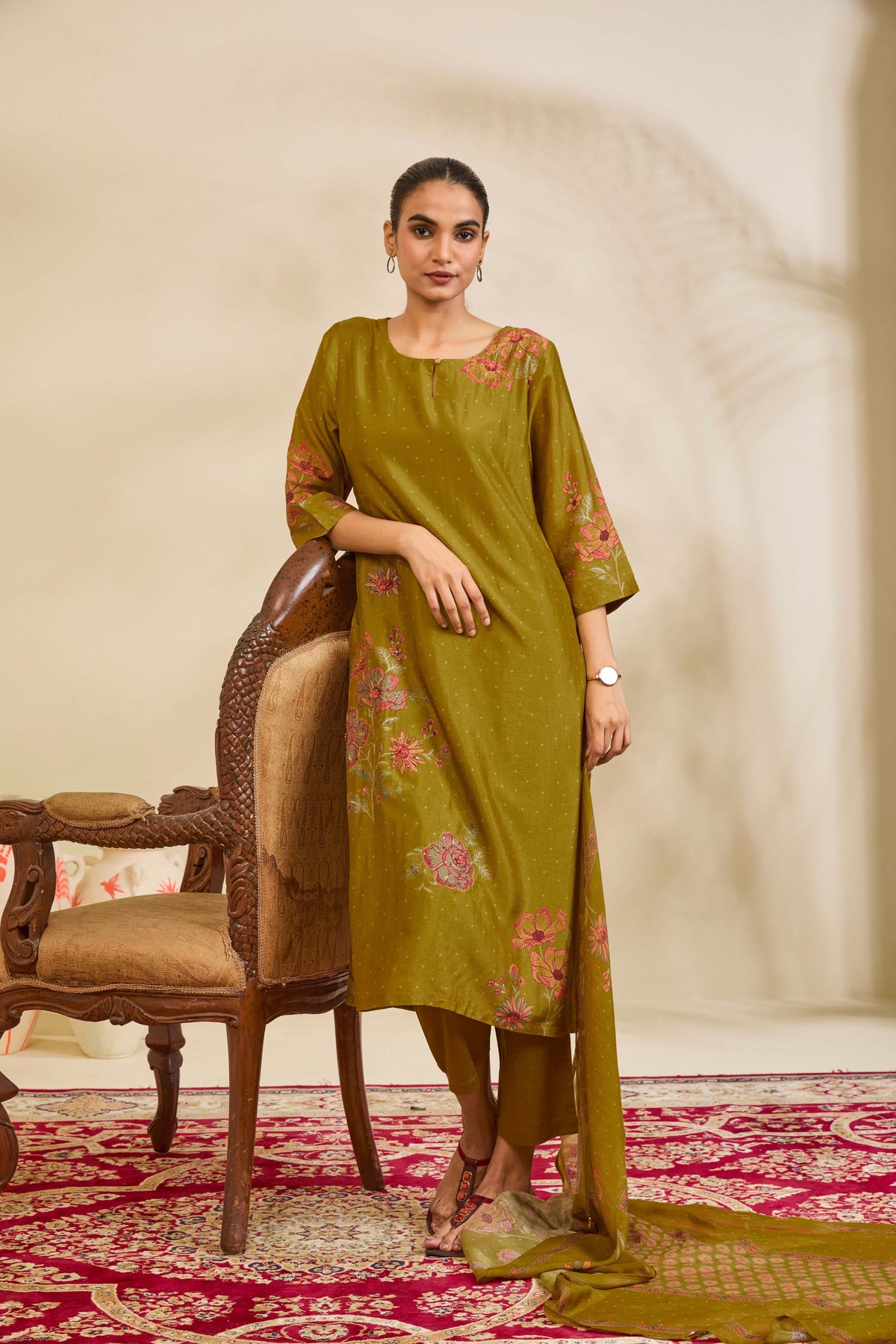 Olive Green Muslin Kurta Set with Floral Print and Embroidery - Mokshaa