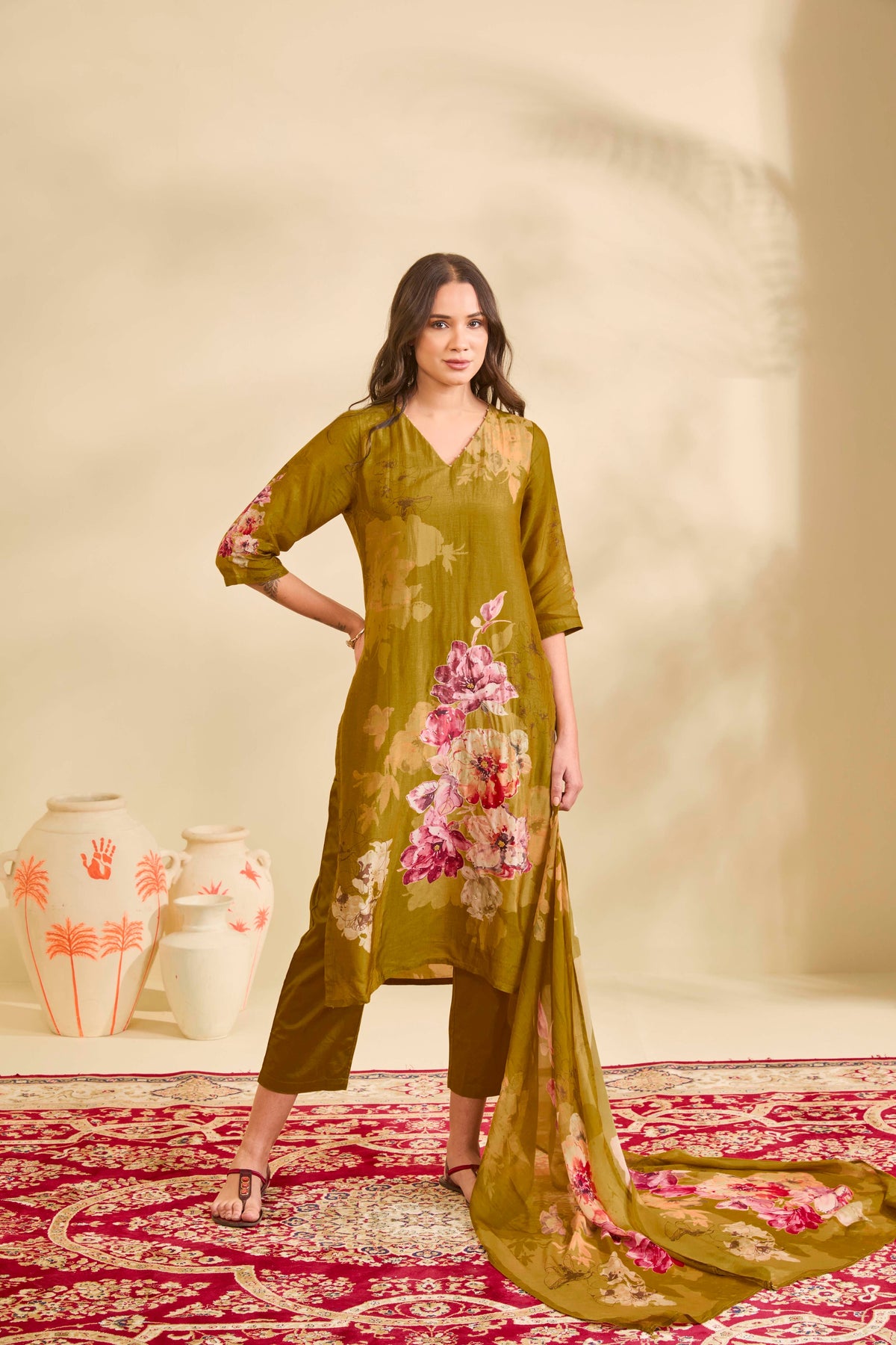 Olive Gold Muslin Kurta Set with Watercolor Floral Print - Mokshaa