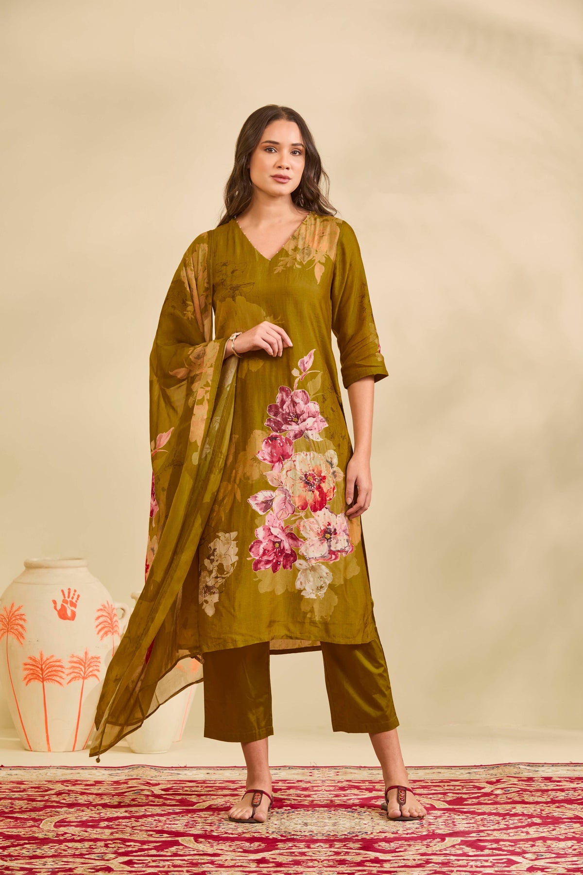 Olive Gold Muslin Kurta Set with Watercolor Floral Print - Mokshaa
