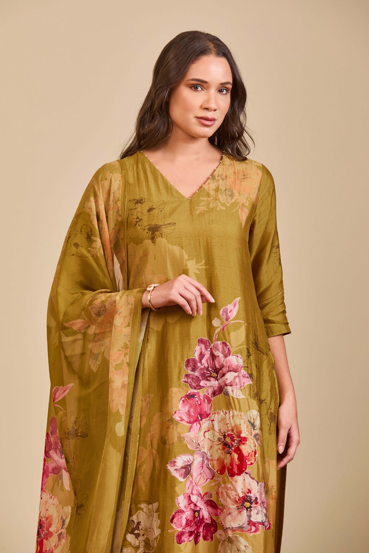 Olive Gold Muslin Kurta Set with Watercolor Floral Print - Mokshaa