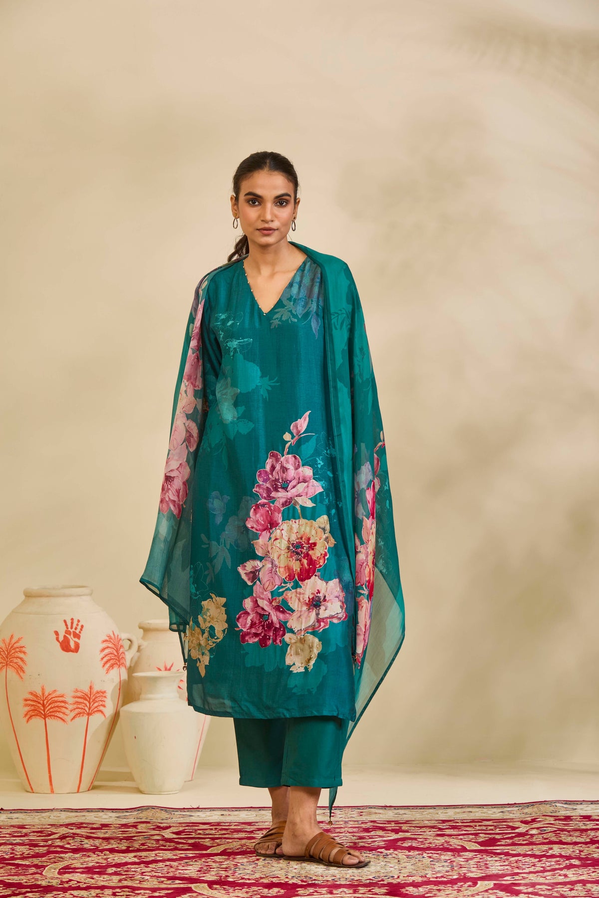 Teal Muslin Kurta Set with Watercolor Floral Print - Mokshaa