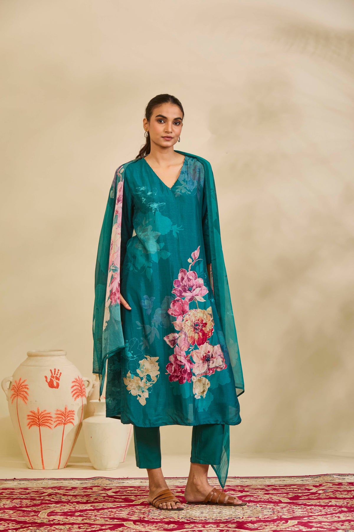 Teal Muslin Kurta Set with Watercolor Floral Print - Mokshaa