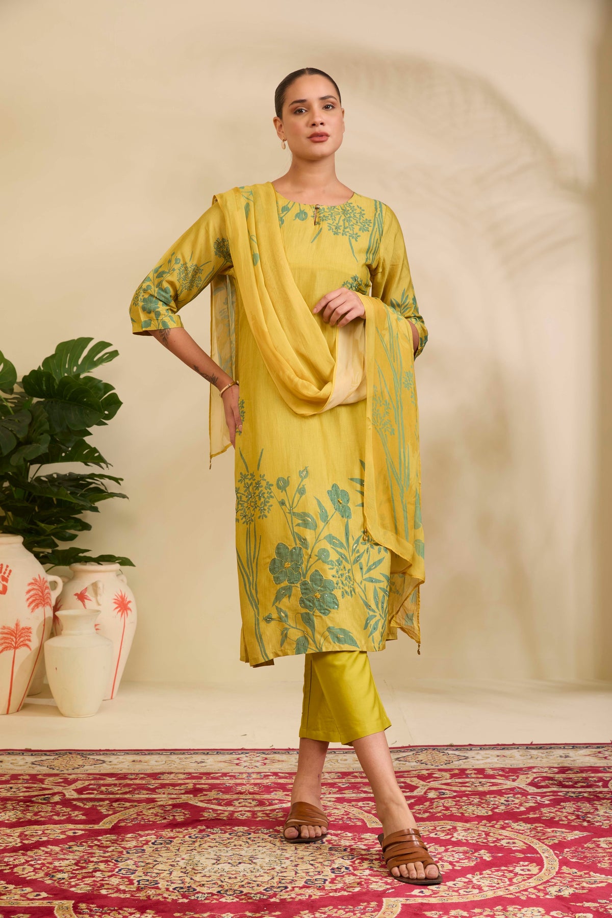 Chartreuse Yellow Muslin Kurta Set with Sage Floral Print - Mokshaa