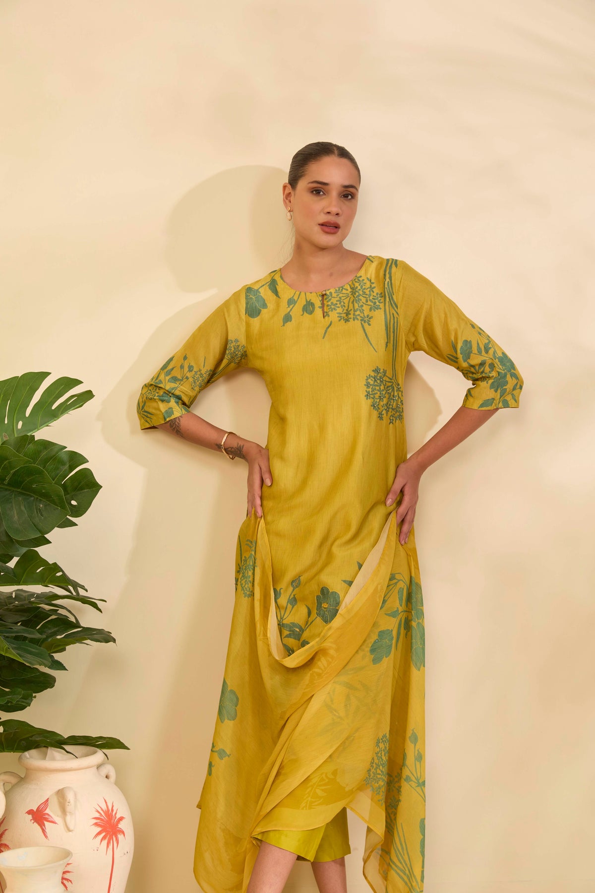 Chartreuse Yellow Muslin Kurta Set with Sage Floral Print - Mokshaa