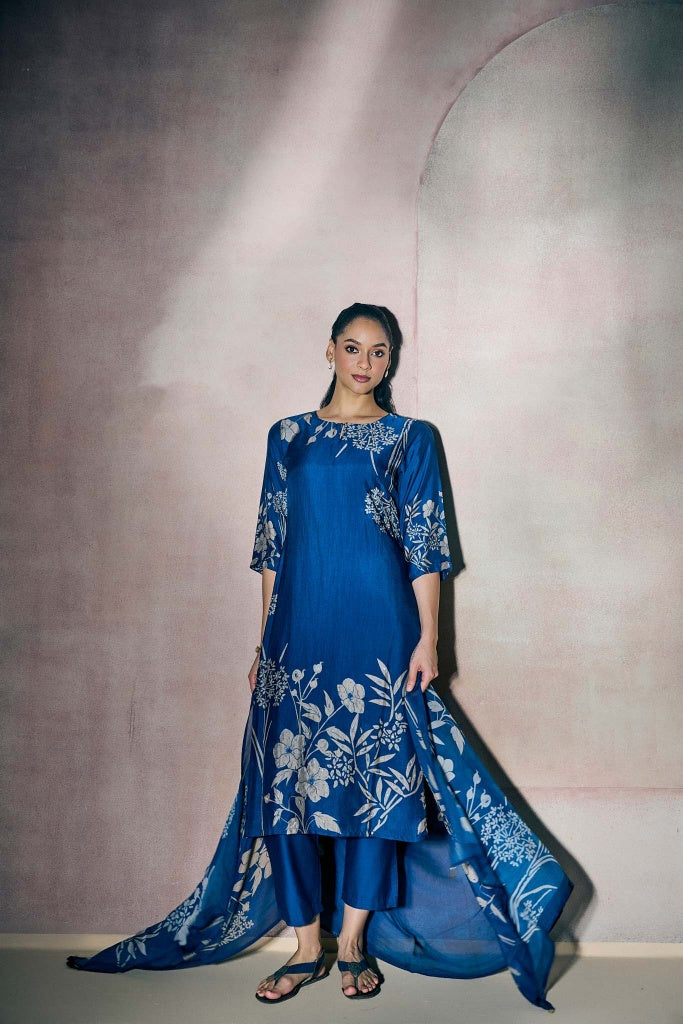 Cobalt Blue Muslin Kurta Set with Ivory Floral Print - Mokshaa