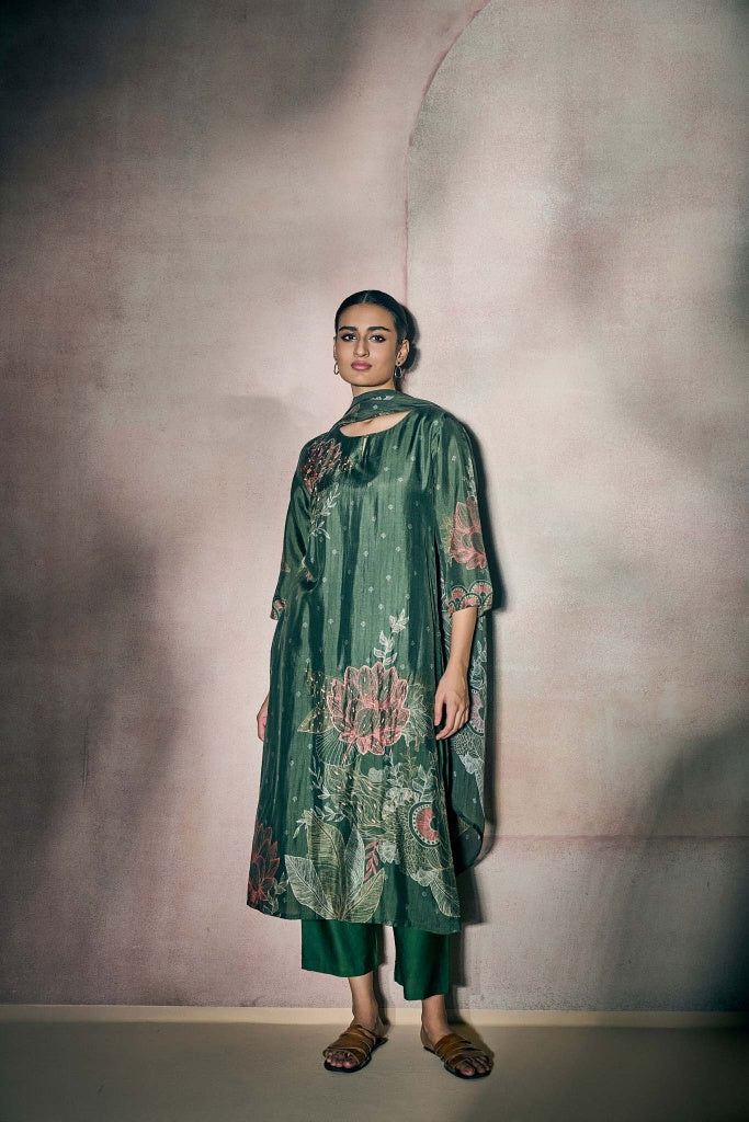 Forest Green Printed Kurta Set with Botanical Motif - Mokshaa
