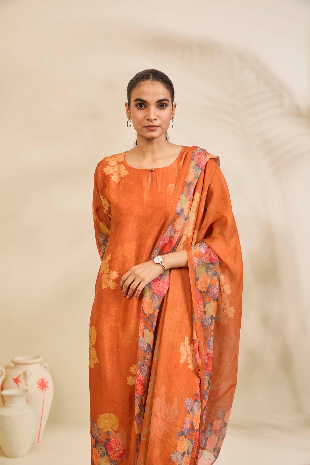 Burnt Orange Muslin Kurta Set with Floral Print and Embellishment - Mokshaa