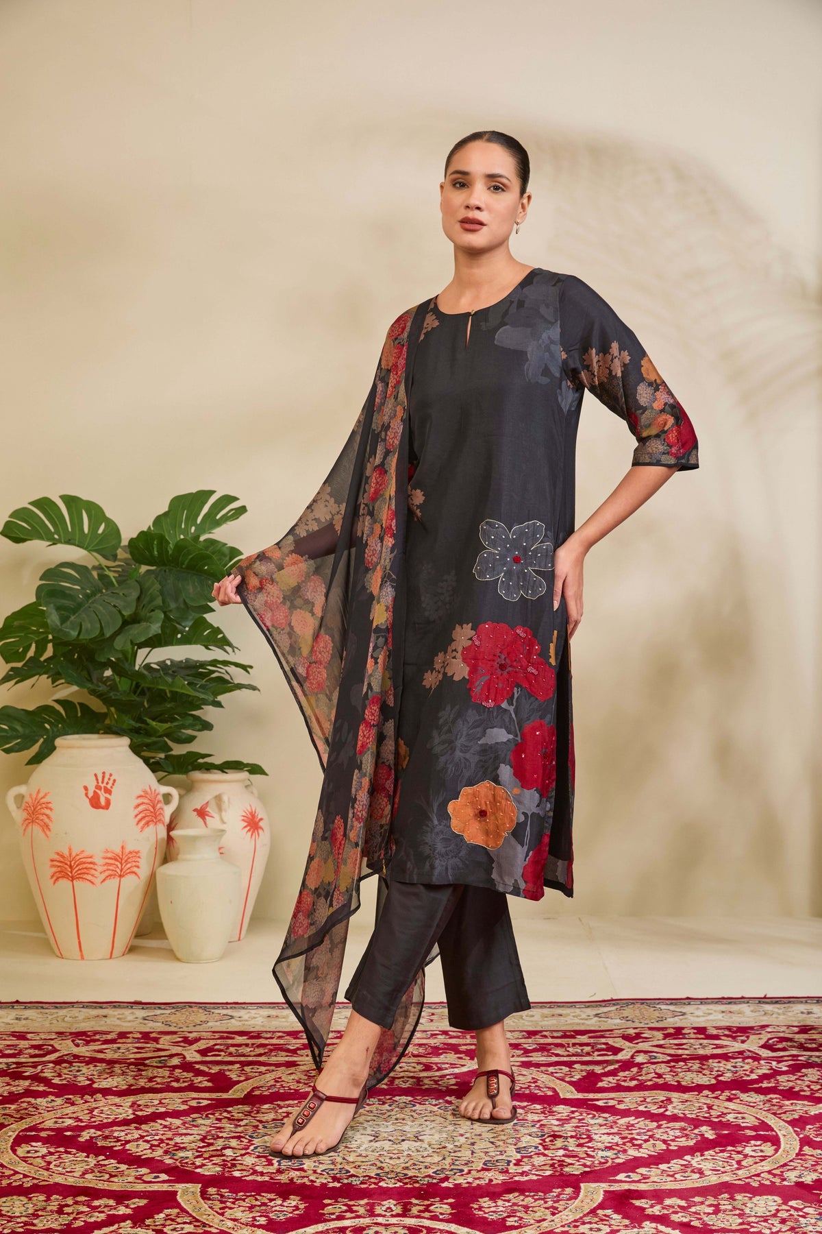 Charcoal Black Muslin Kurta Set with Floral Print and Embellishment - Mokshaa